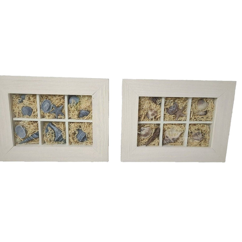 VTG Sea Shell Shadow Box Wall Art Wood Frame Nautical Beach Coastal Hanging 2 Pc